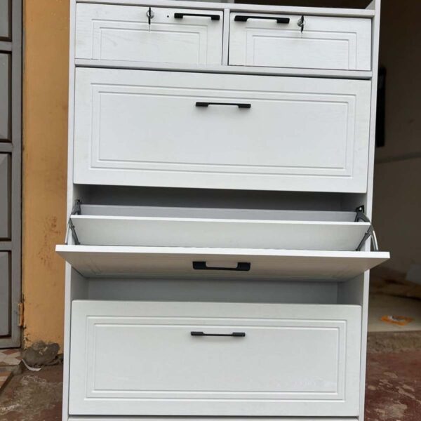 24-Pair Bucket Flip Shoe Rack – With Decor & 2 Drawers