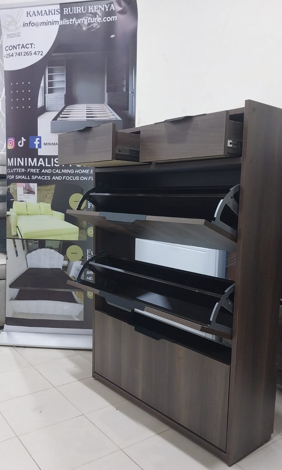 24-Pair Bucket Flip Shoe Rack – Capital D with 2 Drawers